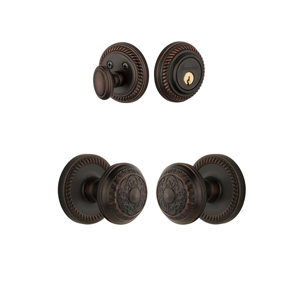 Grandeur by Nostalgic Warehouse Single Cylinder Combo Pack Keyed Differently - Newport Rosette with Windsor Knob and Matching Deadbolt in Timeless Bronze